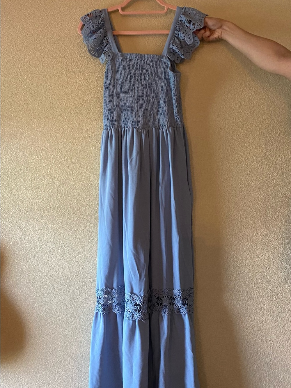 Smocked Bodice Maxi Dress with Lace Trim - Light Blue